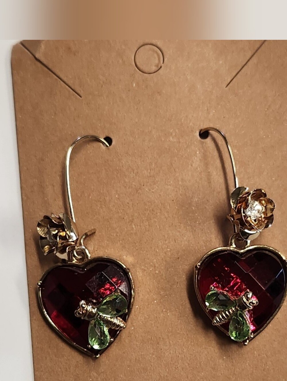 Gold-Tone Red Heart Drop Earrings with Green Crystal Accent